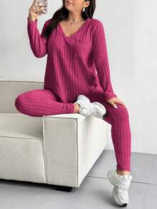 Vionelle Plus Size Solid Color Textured V-Neck Top And Pants Set Fall - Hot Pink - View 4