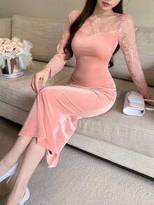 DAZY Váy dài vừa phải lót nhiệt đuôi cá phối ren chắp vá thời trang thu đông dành cho nữ - Hồng - Xem 6