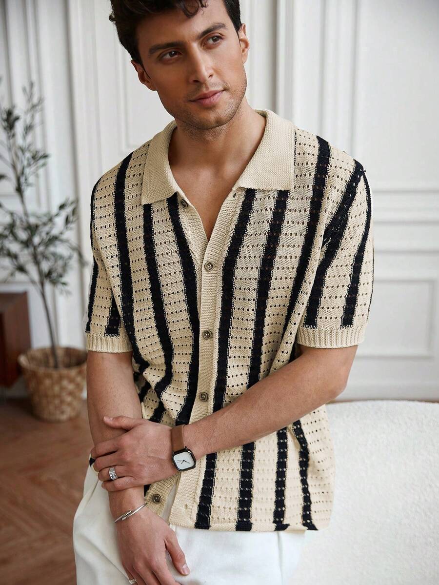 Manfinity Homme Men's Contrast Stripe Short Sleeve Knit Sweater - Khaki - View 1