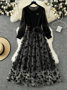 SHEIN Clasi 大码优雅休闲通勤系带腰圆领拼接长袖连衣裙 - 彩色 - 查看 1