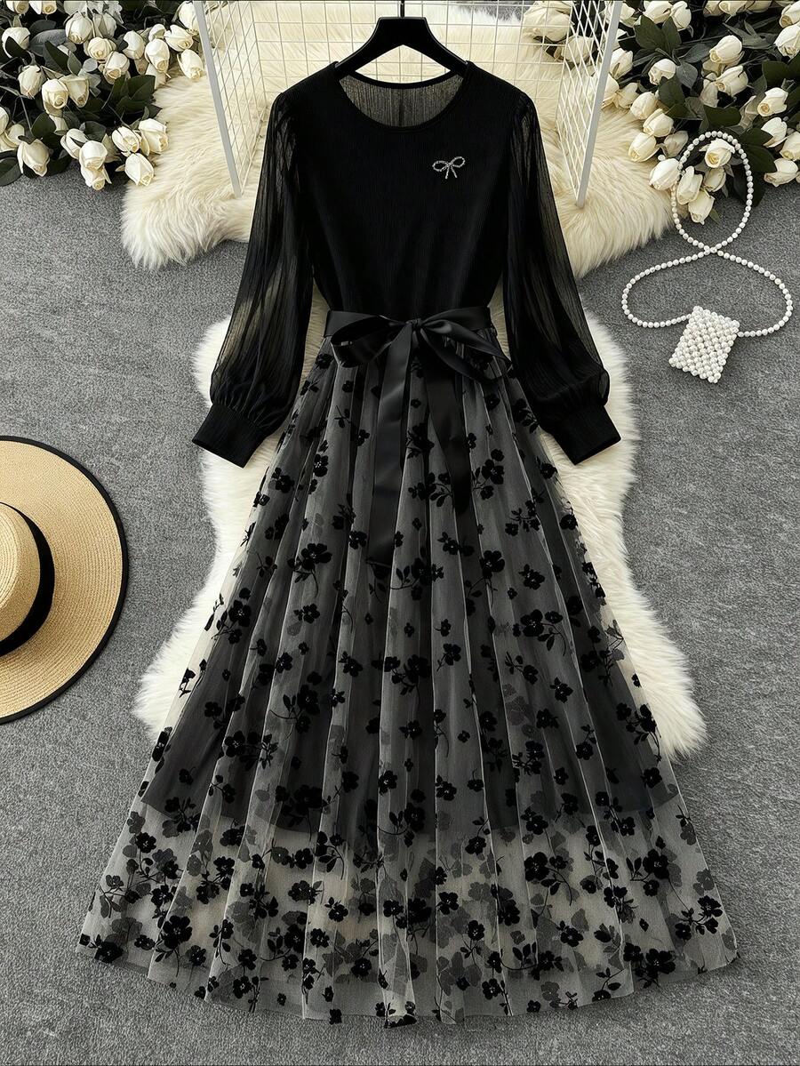 SHEIN Clasi 大码优雅休闲通勤系带腰圆领拼接长袖连衣裙 - 彩色 - 查看 1