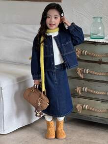 DAZY 女童牛仔上衣和裙子套装 - 藍色 - 查看 8