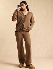 Easelle 2件棕色休闲家居女式毛衣套装 - 咖啡棕 - 查看 7