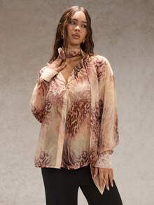 Glamine Blusa de manga larga suelta y delgada con decoración de flores 3D y estampado de leopardo para mujer, otoño - Multicolor - Ver 5