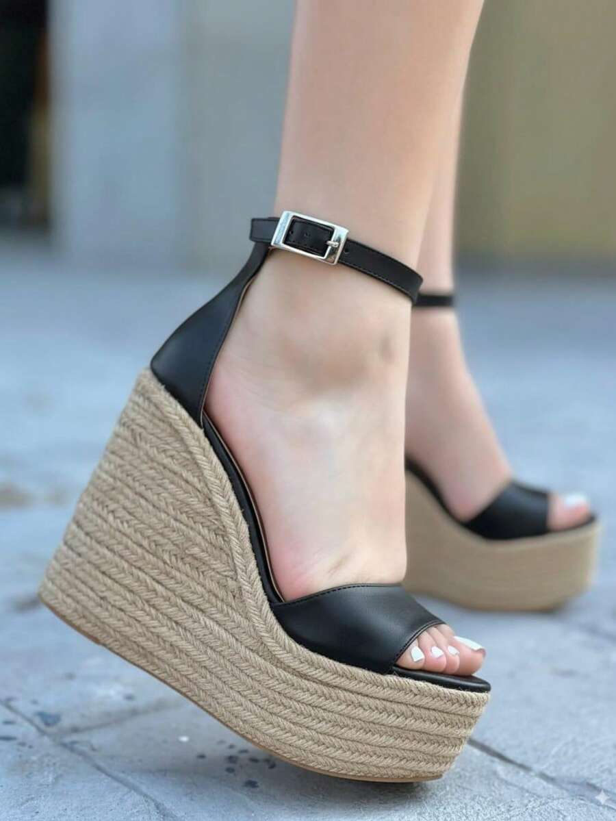 Alpargatas de mujer sandalias con cuña abierta acolchonadas con suela antideslizante para playa y vacaciones dama womens shoes - Negro - Ver 1