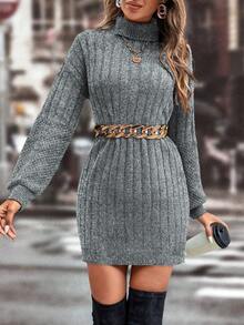 Chiquease 女士时尚休闲高领毛衣裙，秋冬 - 灰色 - 查看 5