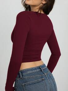 INAWLY 女式纯色深V领长袖短款修身性感T恤 - 紅色 - 查看 2