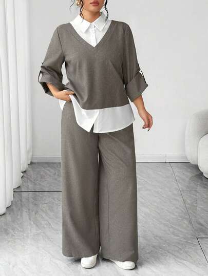 Elenzga 大码女式休闲二合一卷袖上衣和阔腿裤宽松套装