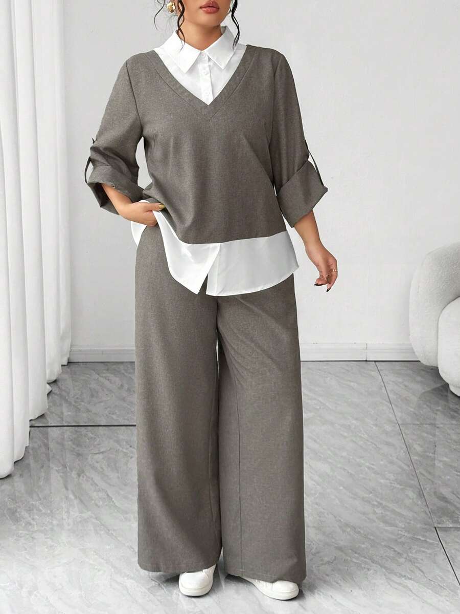 Elenzga 大码女式休闲二合一卷袖上衣和阔腿裤宽松套装 - 鵝黃色 - 查看 1