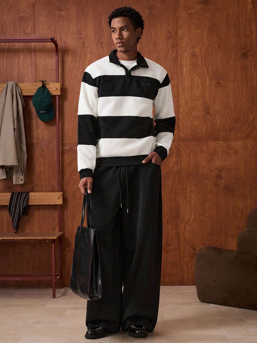SWAVVY Men's Contrast Stripe Pullover Casual Sweatshirt Set - Black - View 1