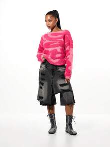 SUMWON WOMEN Suéter corto texturizado y esponjoso con patrón abstracto para capas de otoño e invierno - Rosa Fucsia - Ver 3