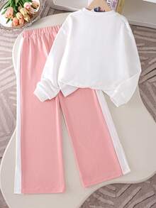 SHEIN Girls Autumn/Winter Casual White Long Sleeve Sweatshirt With Pink 3D Bow + Pink & White Contrast Color Pants Set, Sweet & Cute, Comfortable - Multicolor - View 2