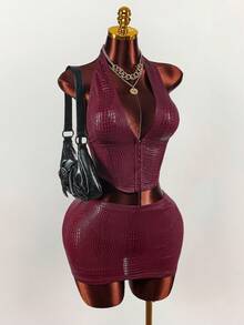 Amplova 女士勃艮第鳄鱼印花性感 V 领上衣和迷你裙套装，派对装 - 酒紅色 - 查看 4