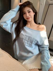 DAZY Women's Casual Asymmetric Collar Letter Pattern Sweater, Autumn/Winter - Blue - View 3