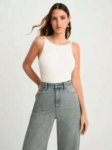 CAJUNI Solid Textured Sleeveless Criss-Cross Backless Slip Bodysuit, Beige Swimsuit, Modest One Piece Swimsuit, Cream One Piece Swimsuit, Ribbed One Piece Swimsuit, Textured Swimsuit, Summer Bodysuit - White - View 3