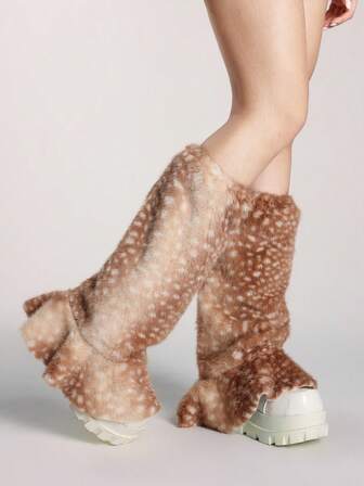 Fairycore 1 Paar braune, süße Y2K, sexy Hirsch-Muster Tiermuster Rüschen Patchwork Schleife Plüsch warme modische wilde Beinwärmer für Frauen, geeignet für Schule, Einkaufen, Reisen, Weihnachten, Herbst/Winter