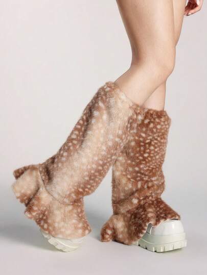 Fairycore 1 Paar braune, süße Y2K, sexy Hirsch-Muster Tiermuster Rüschen Patchwork Schleife Plüsch warme modische wilde Beinwärmer für Frauen, geeignet für Schule, Einkaufen, Reisen, Weihnachten, Herbst/Winter