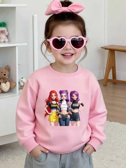 Sudadera de manga larga con estampado cómodo de grupo de chicas de dibujos animados navideños para niñas jóvenes, adecuada para otoño/invierno, ligera y acogedora, excelente para capas en otoño, uso casual de moda, diseño gráfico, temporada de regreso a la escuela, otoño, fiesta de regreso a la escuela, adecuada para picnic al aire libre, fotografía callejera, hogar, campus, vacaciones, Navidad, regalo de Año Nuevo