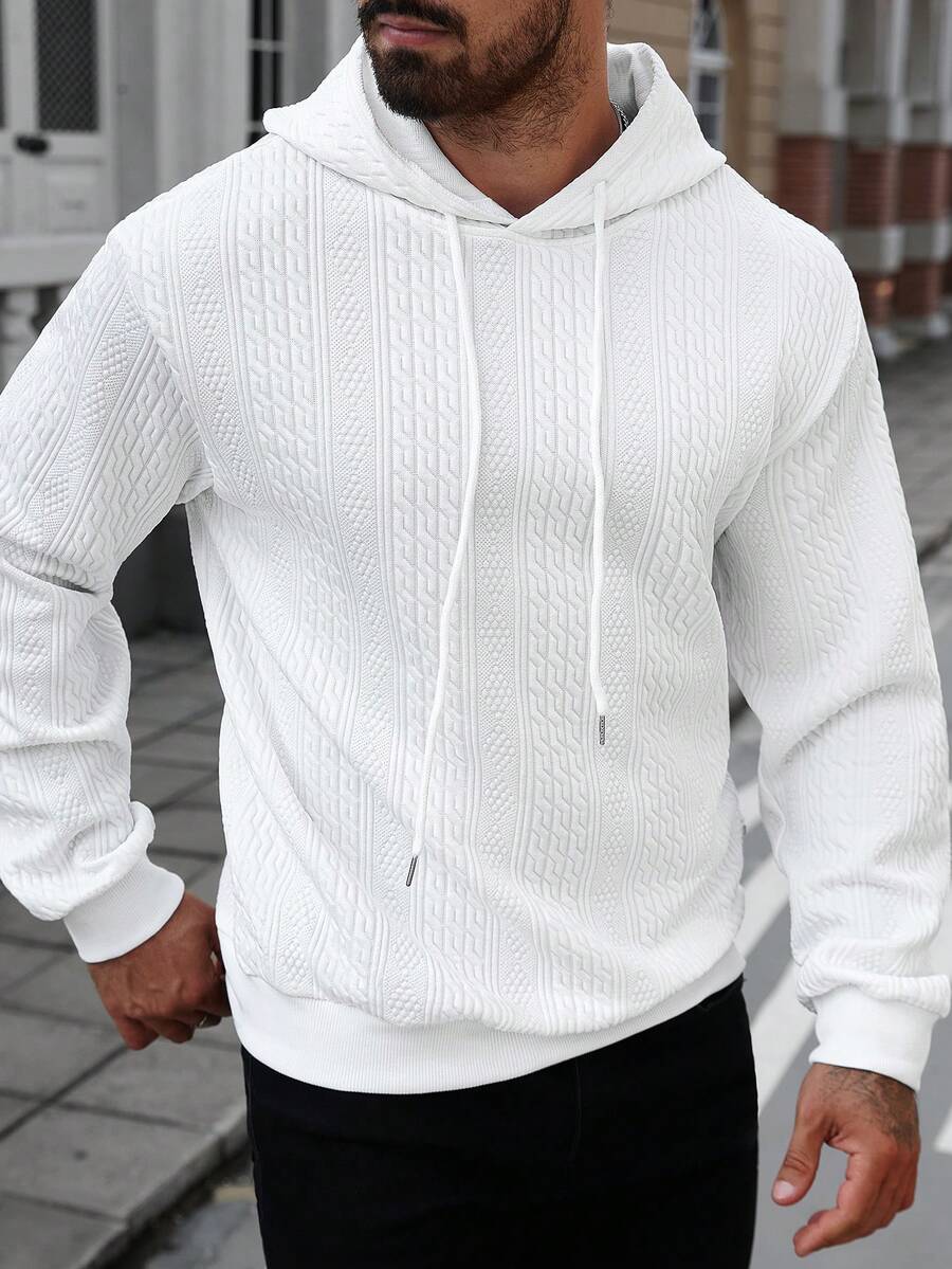 Manfinity CasualCool White Knitted Fabric Men's Hoodie Regular Length Long Sleeve Plain Pattern Comfortable And Men's Casual Basic Drawstring Hooded Sweatshirt White Hoodie Mens Hoodie Men Hoodie - White - View 1