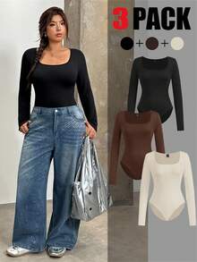 SHEIN EZwear Plus Size Women's Solid Color Minimalist Long Sleeve Bodysuit, Autumn/Winter - Multicolor - View 1