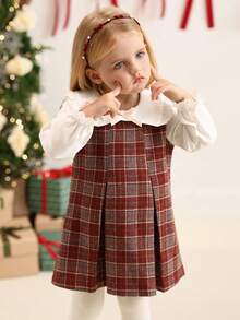 SHEIN Váy thu cho trẻ sơ sinh và bé gái, 6 tháng - 3 tuổi, họa tiết kẻ caro đỏ thời trang phong cách trường học có nơ 3D, cổ nhún bèo, tay bồng, thoải mái và mềm mại, thích hợp mặc vào mùa xuân, mùa thu, mùa đông, mặc thường ngày, làm quà tặng - Màu Đỏ Sâu - Xem 4