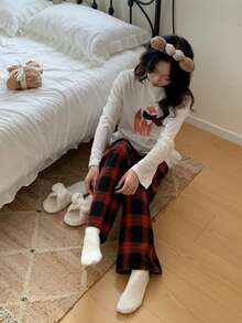 优雅简约少女冬季狐狸印花刺绣白色上衣和红黑格子裤休闲舒适长袖家居服两件套 - 紅色 - 查看 8