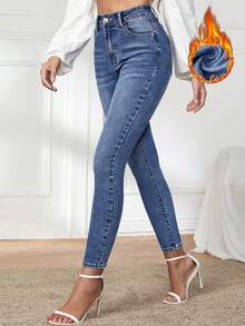 EMERY ROSE Thermal Lined Pockets Skinny Solid Color Casual Jeans