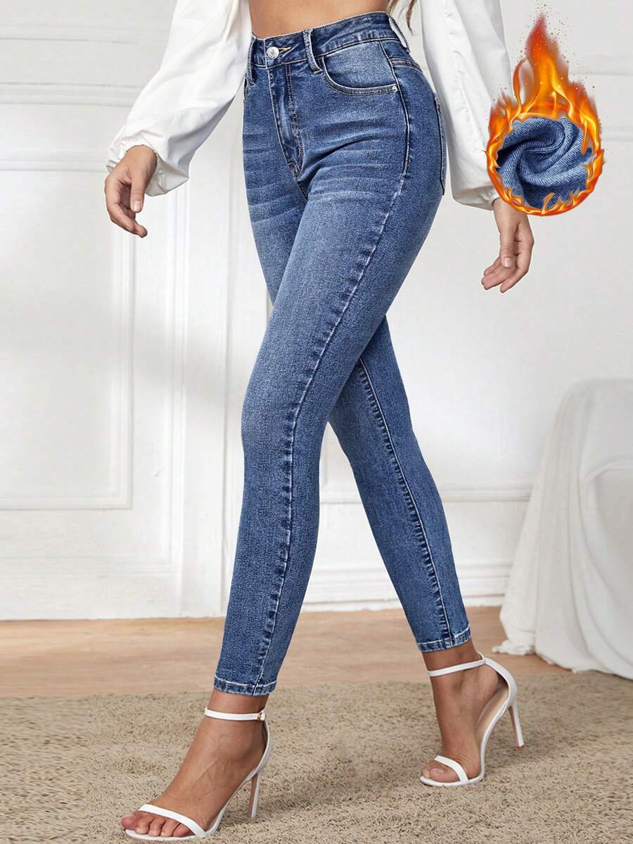 EMERY ROSE Thermal Lined Pockets Skinny Solid Color Casual Jeans