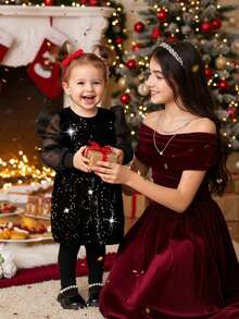 Robe noire élégante à manches longues en maille pailletée pour bébé fille, robe pailletée noire pour bébé fille, robe de soirée noire pailletée pour bébé fille - Noir - Voir 1