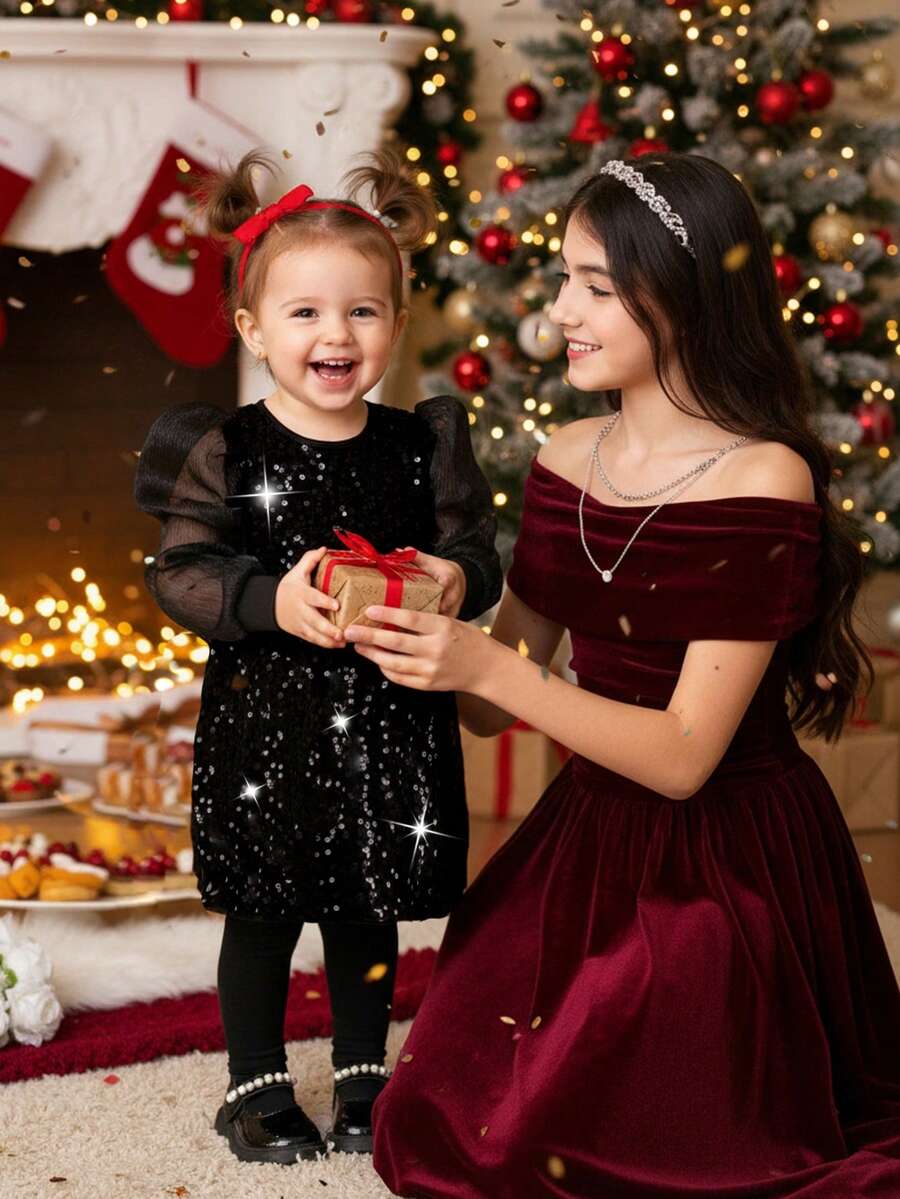 Robe noire élégante à manches longues en maille pailletée pour bébé fille, robe pailletée noire pour bébé fille, robe de soirée noire pailletée pour bébé fille - Noir - Voir 1