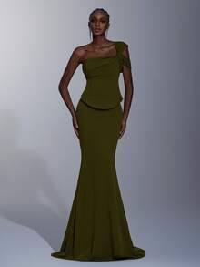 Elitara 优雅、浪漫、时尚、端庄、军绿色、弹力面料、收腰二合一、露肩、美人鱼下摆、拖尾、时尚、节日、度假、生日派对、婚礼活动、正式晚礼服（豪华版） - 軍綠色 - 查看 7