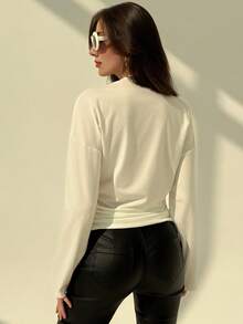 Aloruh 女士秋冬新款圆领宽松大码落肩舒适长袖抽绳下摆修身打底T恤 - 米色 - 查看 10