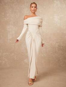 Lumalex 女式斜领露肩褶饰长袖修身腰连衣裙 - 杏色 - 查看 2