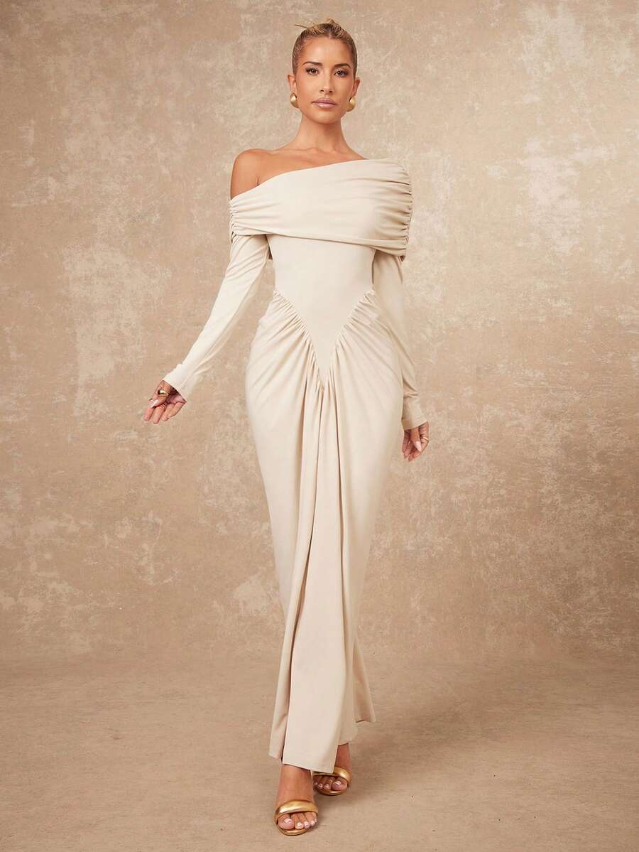 Lumalex 女式斜领露肩褶饰长袖修身腰连衣裙