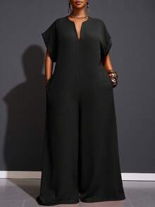 Veslaya Bộ đồ liền thân ống rộng tay ngắn cổ chữ V màu sô cô la thanh lịch mới 2025, cỡ lớn dành cho nữ, mùa hè - màu đen - Xem 3