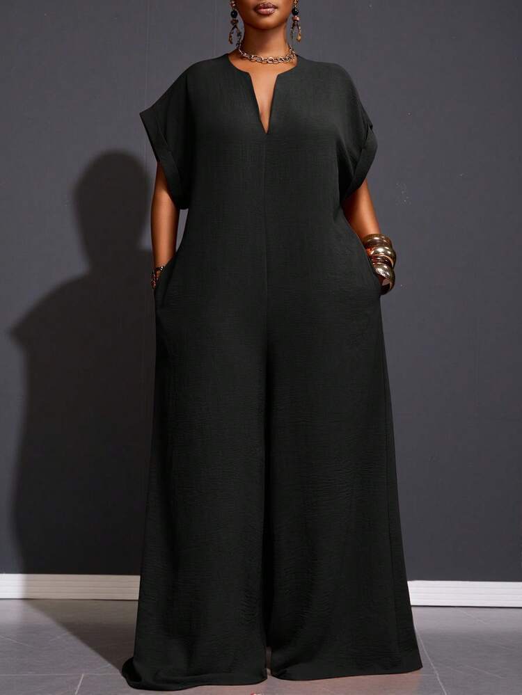 Veslaya 2025 New Vintage Elegant Chocolate V-Neck Short Sleeve Wide Leg Jumpsuit, Plus Size Women, Summer - Black - View 3