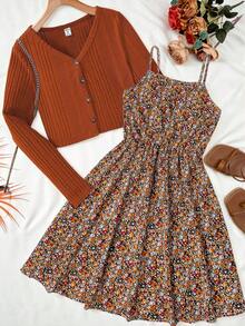 SHEIN 少女两件套：棕色罗纹针织开衫夹克和碎花腰带吊带裙，复古休闲假日装 - 彩色 - 查看 1