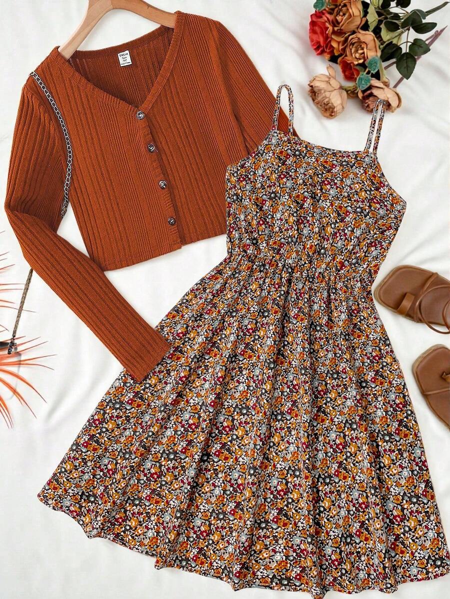 SHEIN 少女两件套：棕色罗纹针织开衫夹克和碎花腰带吊带裙，复古休闲假日装 - 彩色 - 查看 1