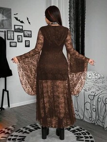 SHEIN Whyspr 大码深色纯色连帽蕾丝性感连衣裙 - 棕色 - 查看 2