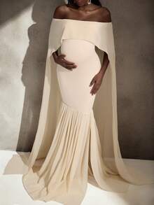 Cheriluna Maternity Maternity Photoshoot Dress, Off-Shoulder Double-Layer Design With Cloak, Fish Tail Hem Floor-Length Gown - Apricot - View 3