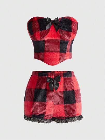 J-Fashion Ensemble femme Y2K sexy bébé en patchwork de dentelle et flanelle à carreaux