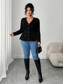 Elenzga Cardigan com Botões, Gola V, Ajustado, Estampa Floral em Retalhos e Barra Assimétrica, Plus Size, Outono/Inverno para Mulheres