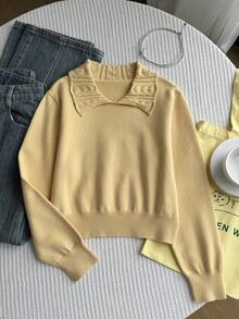 SHEIN 秋冬款青少年女童休闲宽松翻领长袖毛衣 - 黃色 - 查看 5