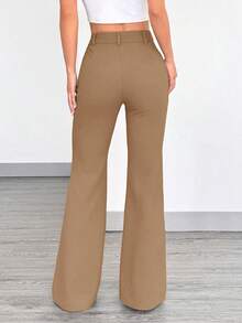 SHEIN EZwear 时尚通勤驼色针织修身喇叭裤 - 駝色 - 查看 5