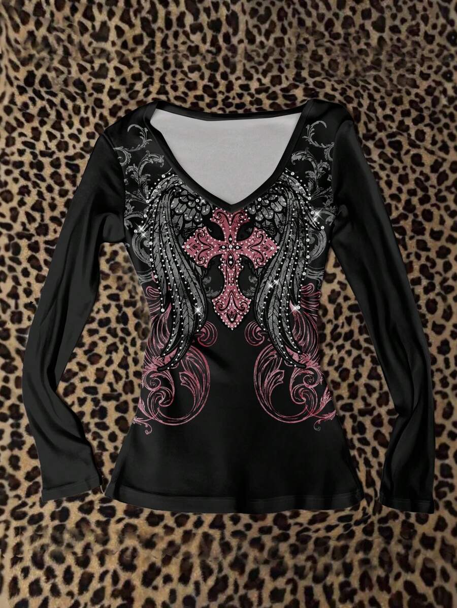 Attitoon Punk Wing Cross Pattern V-Neck Long Sleeve T-Shirt, Suitable For Women, Halloween, Y2K Style, Streetwear, Vintage, Back To School, Retro, Fall, Vacation, Casual Outfits, Autumn/Winter, Hip-Hop, Style Core Aesthetics, Gothic Cybersigilism