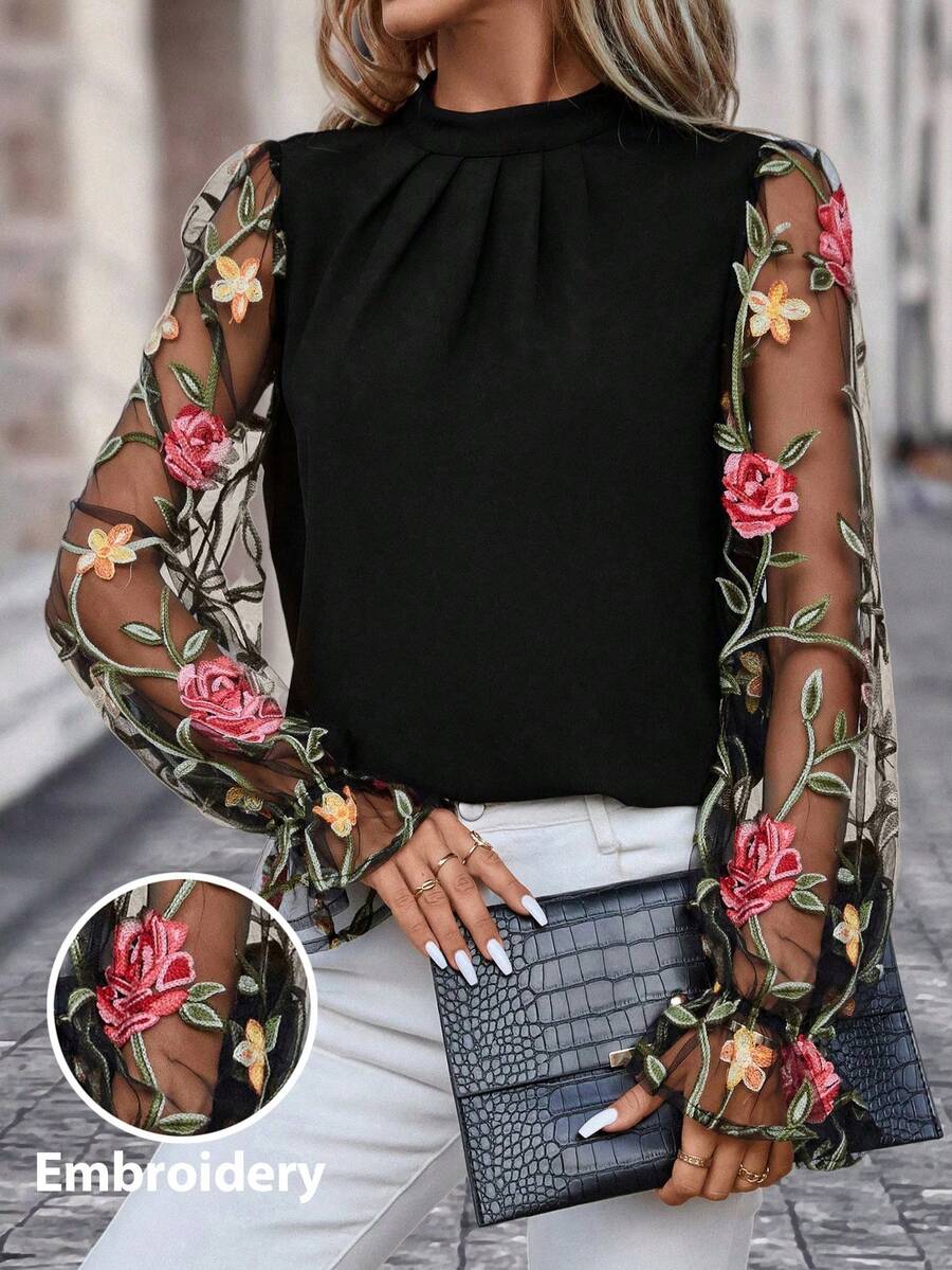 Editum Floral Embroidery Mesh Flounce Sleeve Mock Neck Blouse
