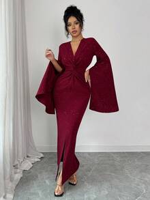 SHEIN Elenzya Đầm dài dự tiệc thanh lịch, vải sequin dệt kim họa tiết mới dành cho nữ, thiết kế xoắn, trẻ trung và duyên dáng, mùa thu/đông - Màu Đỏ Sâu - Xem 7