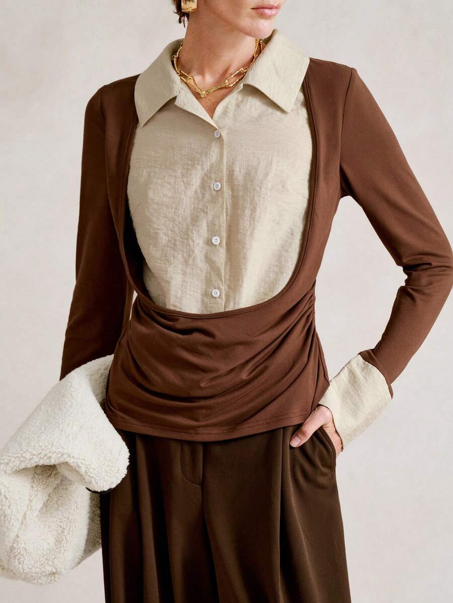 SHEIN Stylify 2025冬季二合一衬衫拼接针织毛衣女款,新款高端亚麻衬衫,优雅通勤时尚上衣,适合情人节、圣诞节、万圣节、新年等节日穿着。 - 米色 - 查看 1