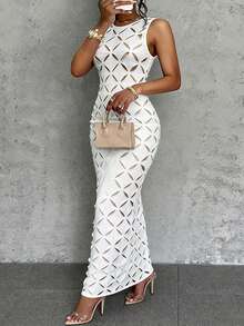 Veslaya Plus Size Autumn/Winter New Arrival Music Festival White High Stretch Burnout Hollow Geometric Sheer Party Bodycon Dress - White - View 7