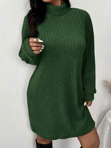 SHEIN Frenchy Casual Turtleneck Ribbed Knit Fleece Dress, Plus Size, Suitable For Leisure And Home Wear, Autumn/Winter - Dark Green - View 6
